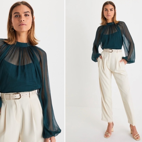 LULU's Sexy Romantic Chic Elegant Sophisticated Sheer Long Sleeve Blouse Top - Picture 1 of 5